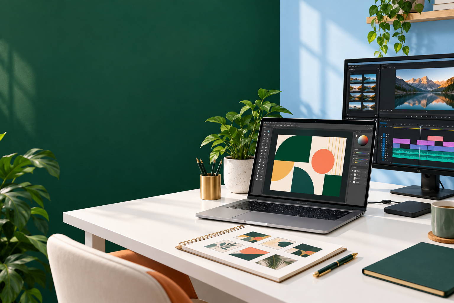 Illustrative freelancer workspace with design and video editing tools